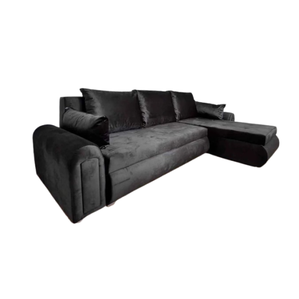 L-Shaped Black 3 Seater Black Velvet Sofa Bed with Compact Double Storage
