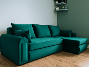 Modern L shaped 4-seater Berlin corner sofa bed in green velvet with pull-out bed and under-seat storage, styled in a contemporary living room