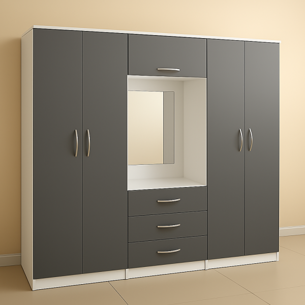 ''Upgrade your room with a modern grey and white 4 door wardrobe. Mirror, folding doors & drawers—ideal for UK bedrooms. Shop online now with fast delivery''