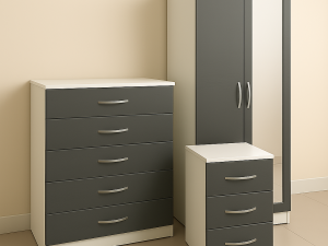 2 door grey wardrobe with mirror and drawers, folding doors, bedroom storage, IKEA-style modern design