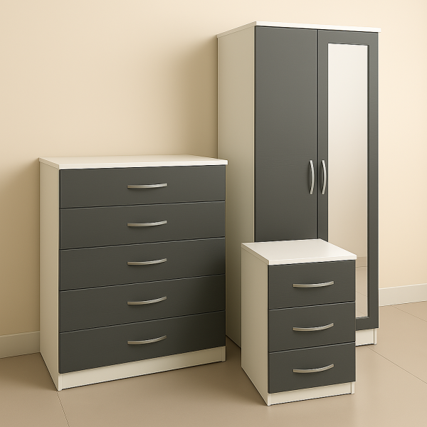 2 door grey wardrobe with mirror and drawers, folding doors, bedroom storage, IKEA-style modern design