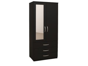 "Modern 2 Door Black Folding Wardrobe with Mirror, Hanging Rail, and 3 Storage Drawers – Compact Bedroom Furniture"