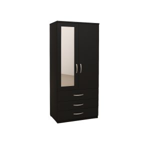 "Modern 2 Door Black Folding Wardrobe with Mirror, Hanging Rail, and 3 Storage Drawers – Compact Bedroom Furniture"