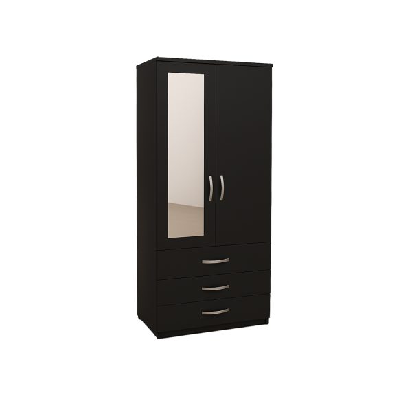 "Modern 2 Door Black Folding Wardrobe with Mirror, Hanging Rail, and 3 Storage Drawers – Compact Bedroom Furniture"