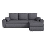 Grey berlin velvet corner sofa bed fully extended with pull-out double bed and open hidden storage compartments for small UK homes