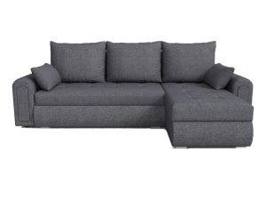 Grey berlin velvet corner sofa bed fully extended with pull-out double bed and open hidden storage compartments for small UK homes