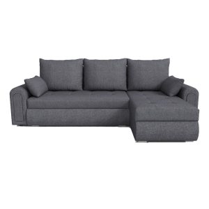 Grey berlin velvet corner sofa bed fully extended with pull-out double bed and open hidden storage compartments for small UK homes