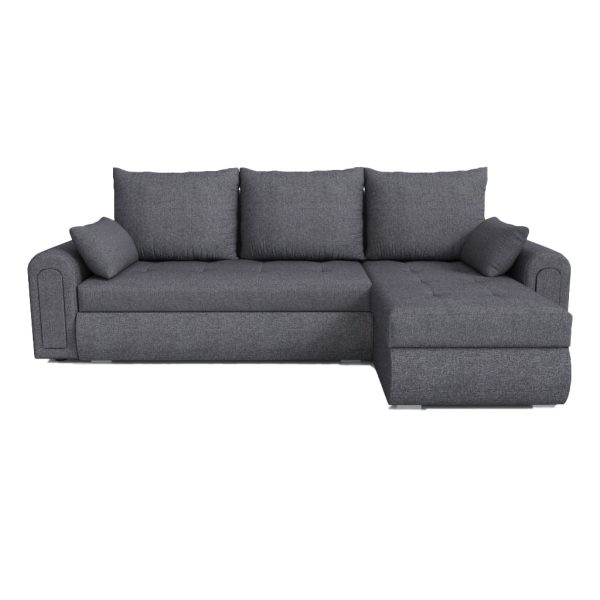 Grey berlin velvet corner sofa bed fully extended with pull-out double bed and open hidden storage compartments for small UK homes