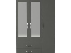 Modern dark grey wardrobe with full-length mirrors and storage drawers