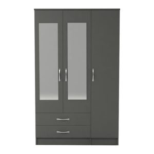 Modern dark grey wardrobe with full-length mirrors and storage drawers