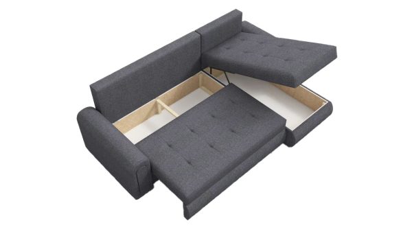 Berlin sofa bed fully extended with pull-out double bed and storage, upholstered in grey velvet for compact UK homes
