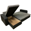 Close-up of storage compartment in multifunctional sofa bed Modern grey multifunctional corner sofa with adjustable layout
