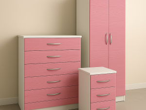 Pink wardrobe set with chest of drawers and bedside table