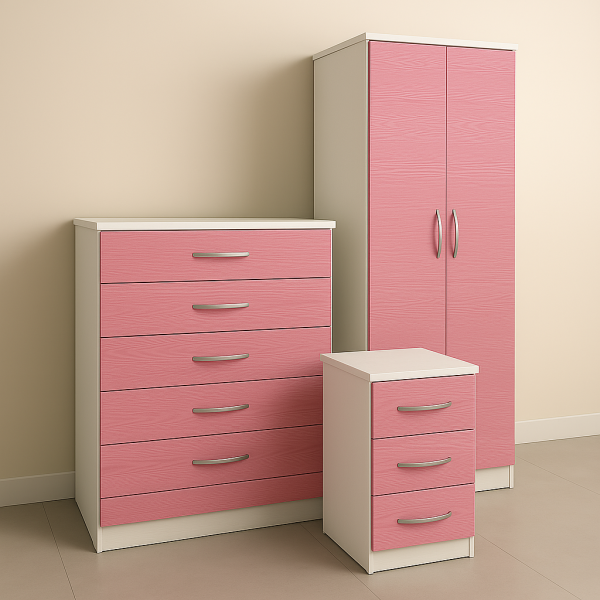 Pink wardrobe set with chest of drawers and bedside table