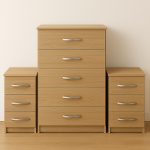 3 piece oak bedroom furniture set with chest of drawers and bedside tables