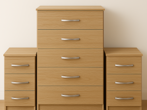 3 piece oak bedroom furniture set with chest of drawers and bedside tables