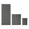 Grey bedroom furniture set with wardrobe, 5-drawer chest, and bedside table, fully assembled