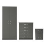 Grey bedroom furniture set with wardrobe, 5-drawer chest, and bedside table, fully assembled