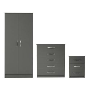 Grey bedroom furniture set with wardrobe, 5-drawer chest, and bedside table, fully assembled