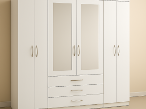 White mirrored 6 door wardrobe with drawers and full-length mirrors -modern bedroom storage UK