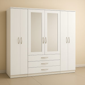 White mirrored 6 door wardrobe with drawers and full-length mirrors -modern bedroom storage UK