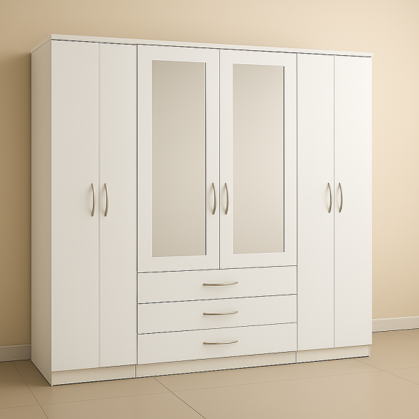 White mirrored 6 door wardrobe with drawers and full-length mirrors -modern bedroom storage UK