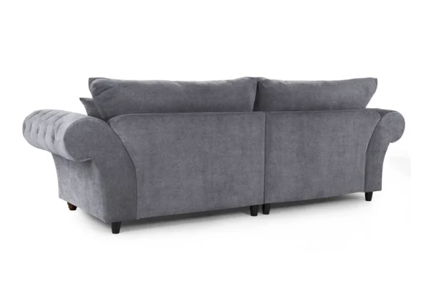 Back view of Windsor Grey 4-Seater Linen Sofa showing sleek linen upholstery and sturdy wooden legs for modern living room style.