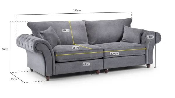 Windsor Grey 4-Seater Linen Sofa dimensions chart showing length, depth, height, and seat measurements for perfect living room fit.