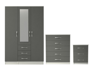 3 door combi mirrored wardrobe set with chest drawer and bedside cabinet in grey