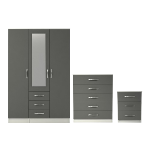 3 door combi mirrored wardrobe set with chest drawer and bedside cabinet in grey