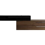 Alexis TV unit black and walnut with high gloss finish Modern TV cabinet with walnut veneer and black gloss top Contemporary Alexis TV stand with stainless steel legs Black and walnut TV unit for modern living room High gloss TV unit with polished stainless steel legs