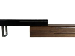Alexis TV unit black and walnut with high gloss finish Modern TV cabinet with walnut veneer and black gloss top Contemporary Alexis TV stand with stainless steel legs Black and walnut TV unit for modern living room High gloss TV unit with polished stainless steel legs
