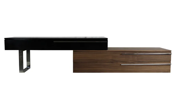 Alexis TV unit black and walnut with high gloss finish Modern TV cabinet with walnut veneer and black gloss top Contemporary Alexis TV stand with stainless steel legs Black and walnut TV unit for modern living room High gloss TV unit with polished stainless steel legs