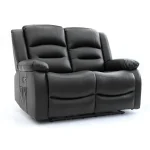 Alva Black 2 Seater Electric Recliner Sofa upholstered in faux leather, featuring two back cushions, padded armrests, and an integrated side pocket