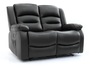 Alva Black 2 Seater Electric Recliner Sofa upholstered in faux leather, featuring two back cushions, padded armrests, and an integrated side pocket