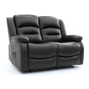 Alva Black 2 Seater Electric Recliner Sofa upholstered in faux leather, featuring two back cushions, padded armrests, and an integrated side pocket