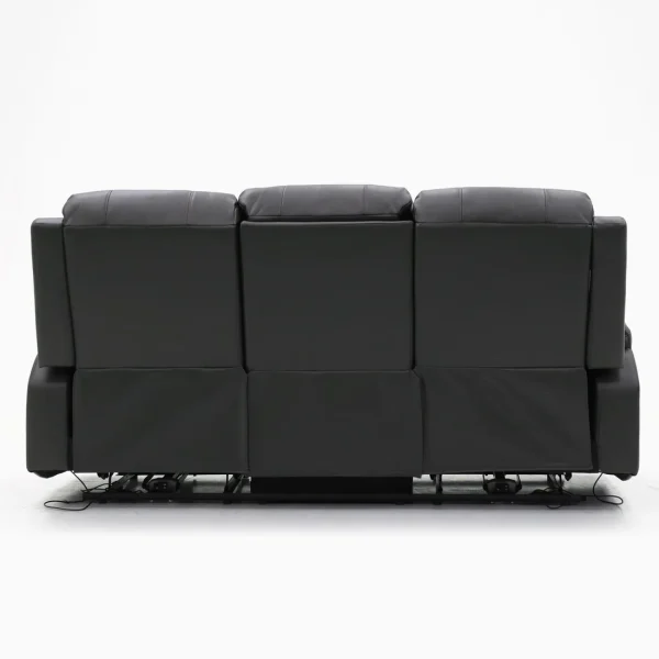 Modern, comfortable three-seater power recliner sofa in black, shown from the side angle to highlight the three supportive back cushions