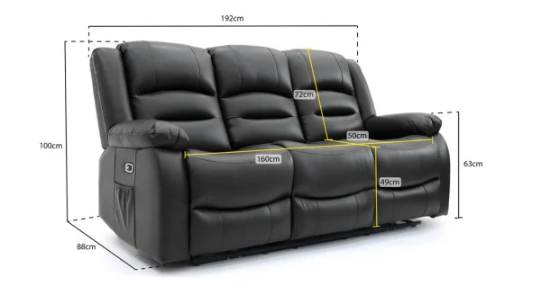 : Alva Black 3 Seater Electric Recliner Sofa upholstered in faux leather, featuring large padded armrests, a convenient side pocket, and a sleek power control panel.