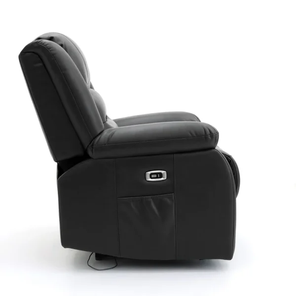 : Alva Black 3 Seater Electric Recliner Sofa upholstered in faux leather, featuring large padded armrests, a convenient side pocket, and a sleek power control panel.
