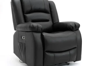 Alva Black Electric Recliner Armchair with faux leather upholstery, padded armrests, USB and USB-C charging ports, cupholders and side storage pocket