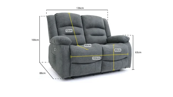 Alva Graphite 2 Seater Electric Recliner Sofa with dimensions labelled: 136cm width, 100cm height, 88cm depth, 103cm seat width, 50cm seat depth, 49cm seat height and 72cm backrest height