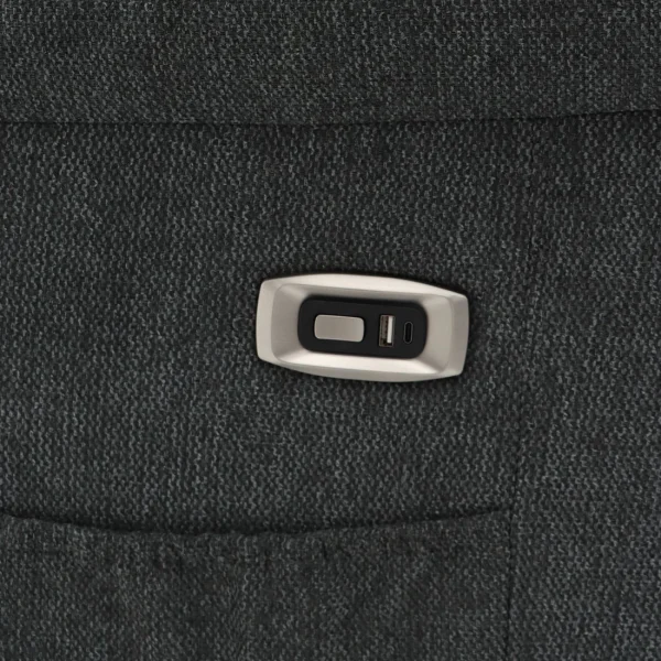 Side view of Alva Graphite Recliner showing storage pocket Close-up of padded armrests on Alva Electric Recliner