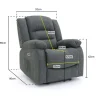 Alva electric recliner armchair with USB-C charging port Recliner armchair with drop-down table and cupholders Side view of Alva Graphite Recliner showing storage pocket Close-up of padded armrests on Alva Electric Recliner Alva recliner chair fully extended in recline position Graphite electric recliner in a modern living room Cupholder and table feature on Alva recliner