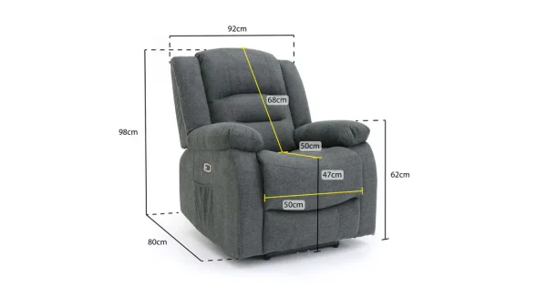 Alva electric recliner armchair with USB-C charging port Recliner armchair with drop-down table and cupholders Side view of Alva Graphite Recliner showing storage pocket Close-up of padded armrests on Alva Electric Recliner Alva recliner chair fully extended in recline position Graphite electric recliner in a modern living room Cupholder and table feature on Alva recliner