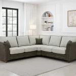 Bella Fullback Sofa Grey Large Corner with dual-tone fabric Corner sofa in grey with fullback scatter cushions Button-tufted seat detail on Bella Fullback Grey Large Corner Sofa Side view of the Bella Grey Large Corner Fullback Sofa Living room setup featuring the Bella Fullback Sofa Grey Large Corner Plush cushions and velvet chenille upholstery on grey corner sofa