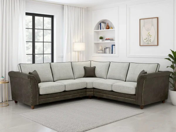 Bella Fullback Sofa Grey Large Corner with dual-tone fabric Corner sofa in grey with fullback scatter cushions Button-tufted seat detail on Bella Fullback Grey Large Corner Sofa Side view of the Bella Grey Large Corner Fullback Sofa Living room setup featuring the Bella Fullback Sofa Grey Large Corner Plush cushions and velvet chenille upholstery on grey corner sofa