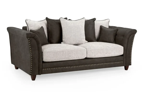Bella Grey 2 Seater Sofa with button-tufted design Close-up of velvet and chenille fabric on Bella Grey 2 Seater Sofa Scatter-back cushions on Bella Grey 2 Seater Sofa Side angle view of Bella Grey 2 Seater Sofa Bella Grey 2 Seater Sofa in a modern living room