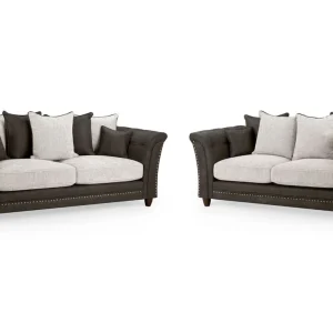 Bella Grey 3+2 Seater Sofa Set with button-tufted design Velvet and chenille upholstery on Bella Grey 3+2 Seater Sofa Set Bella sofa grey scatter-back cushions Side profile of Bella Grey 3-seater sofa Living room layout featuring the Bella Grey 3+2 Seater Sofa Set Removable cushions on the Bella Grey button-tufted sofa