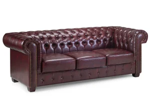 Chesterfield Oxblood Red 3 Seater Leather Sofa with deep button design
