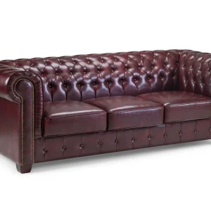 Chesterfield Oxblood Red 3 Seater Leather Sofa with deep button design